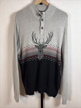 Chaps Mens Sweater Size XL Gray Black Reindeer Nordic Holiday Mock Neck Cotton